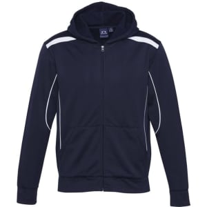 A navy blue hoodie featuring a zip front and white detailing, designed for kids, with a logo present.