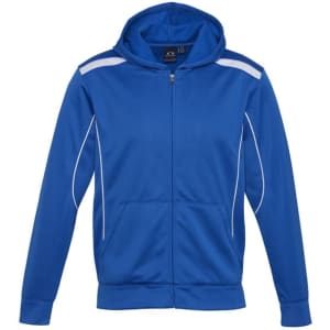 A bright blue hoodie with a zippered front and white detailing, featuring a hood and pockets.