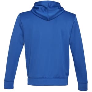 A blue hoodie with a soft fabric and a hood, featuring a logo on the back.