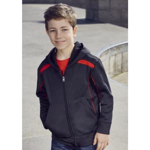 A black hoodie with red accents, featuring a zip front and a hood, worn by a smiling boy.
