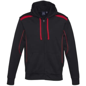 A black hoodie with red accents and a drawstring hood, featuring a zip front and pockets.