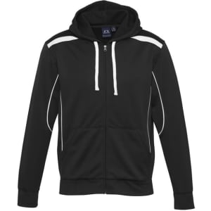 A black men's hoodie with white accents, featuring a zip, pockets, and a hood. It has a logo on the front.