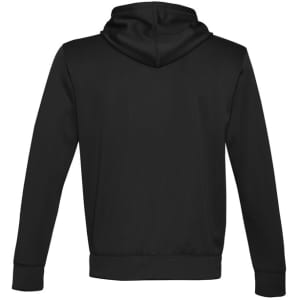 A black kids' hoodie featuring a hood and long sleeves, with a plain back and ribbed cuffs and hem.