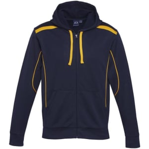 A navy hoodie with yellow accents and a front zipper, featuring a hood and a logo.