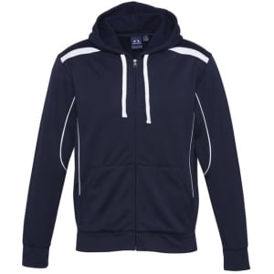 A navy hoodie featuring a zip front and white detailing, with a hood and long sleeves. It has a logo on the chest.