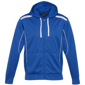 A blue hoodie featuring a zip front, drawstring hood, and white accents. It has a logo on the chest.