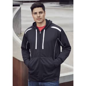 A black hoodie with white accents and a zipper, featuring a front pocket and a hood.