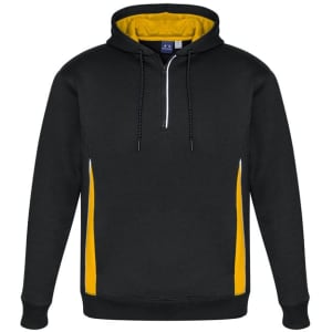 A unisex hoodie featuring a black exterior with yellow side accents and a zippered neck. Includes a logo.