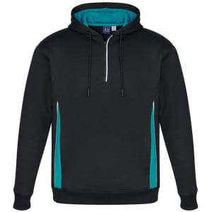 A unisex hoodie in black with teal accents and a front zip. It features a hood and a logo on the label.