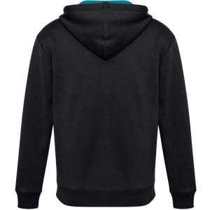 A black hoodie featuring a teal lining, designed for kids, with a logo on the back.