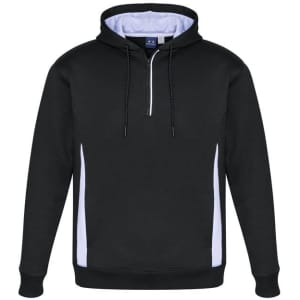 A black unisex hoodie with white side panels and a front zipper. It features a hood and has a logo.
