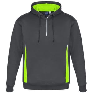 A grey unisex hoodie featuring bright lime green accents and a front zipper. It has a logo on the chest.