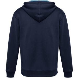 A navy blue hoodie featuring a kangaroo pocket and a hood. The back view shows a simple design with no visible branding.