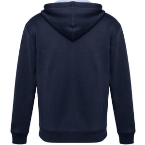 A navy blue hoodie with a hood and long sleeves, featuring a logo on the back.