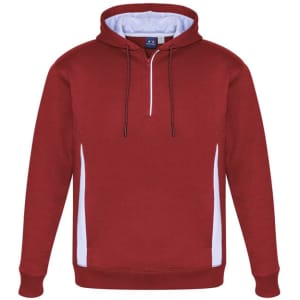 A unisex hoodie in burgundy with white side panels and a front zipper. It features a hood and a branded logo.