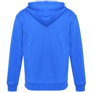 A blue hoodie with a kangaroo pocket and hood, featuring a logo on the back.