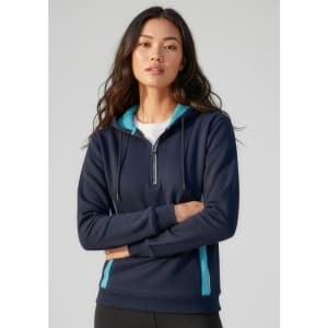 A navy unisex hoodie featuring a half-zip design and turquoise accents, with a hood and front pockets.