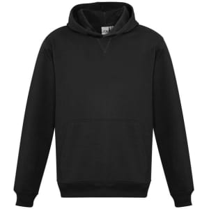 A black kids' hoodie featuring a front pocket and a hood, with a logo on the chest.