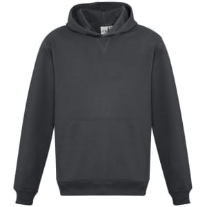 A black hoodie featuring a front pocket and a hood, designed for kids, with a logo on the front.