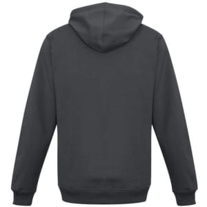 A dark grey men's crew hoodie with a hood and long sleeves, featuring a logo on the back.