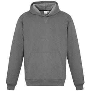 A grey hoodie featuring a front pocket and a hood, with a logo on the label.