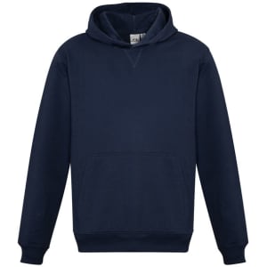 A navy blue kids' hoodie featuring a front pocket and a standard hood. It has a logo on the front.