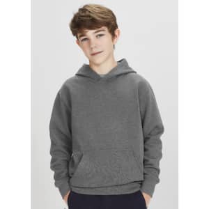 A grey kids' hoodie featuring a front pocket and a hood, suitable for casual wear. It includes a logo.