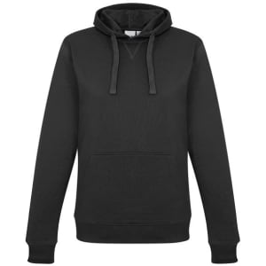 A women's crew hoodie in black with a kangaroo pocket, featuring a hood and ribbed cuffs.