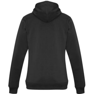 A black women's crew hoodie featuring a cozy design with a hood and long sleeves. It includes a logo on the garment.