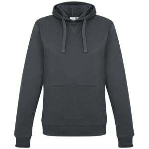 A grey women's crew hoodie with a front pocket and a drawstring hood, featuring a logo on the chest.