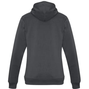 A dark grey women's crew hoodie with a hood and long sleeves, featuring a logo on the back.