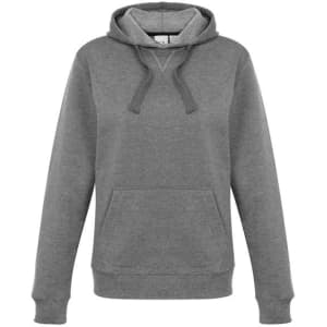A women's crew hoodie in grey featuring a hood and front pocket, with a logo present.
