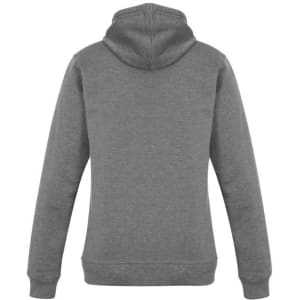 A grey women's crew hoodie featuring a hood and long sleeves, with a branded logo on the back.