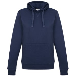 A navy women's crew hoodie featuring a front pocket and a drawstring hood, with a logo on it.