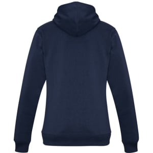 A navy women's crew hoodie featuring a hood and long sleeves, with a logo on the back.