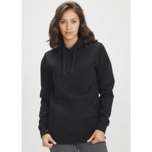 A women's black crew hoodie with a front pocket and drawstring hood, featuring a logo on the front.