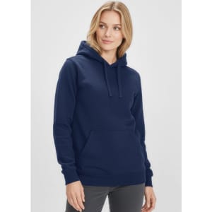 A women's navy crew hoodie featuring a front pocket and a logo. The model has blonde hair and a casual expression.
