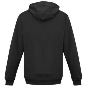 A black men's crew zip hoodie featuring a hood and long sleeves, with a logo on the back.