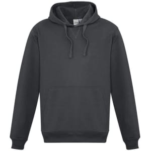 A dark grey men's crew hoodie with a front pocket and a hood, featuring a logo.