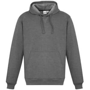 A grey men's crew hoodie featuring a kangaroo pocket and a drawstring hood, with a logo on the label.