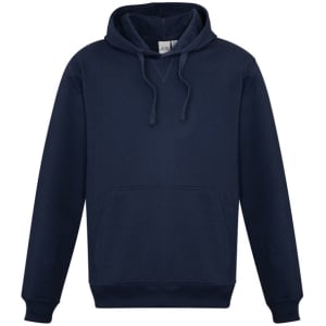 A navy men's crew hoodie with a front pocket and a drawstring hood. The garment features a logo on the tag.