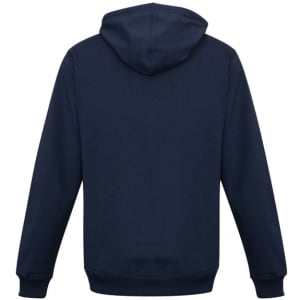 A navy men's crew zip hoodie with a hood and long sleeves, featuring a logo on the back.