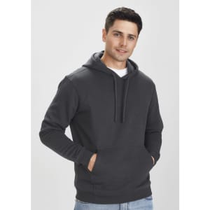 A grey men's crew hoodie featuring a front pocket and a drawstring hood, modelled by a man.
