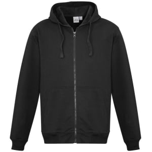 A black men's crew zip hoodie featuring a zip front and a hood. The hoodie has long sleeves and a logo on the front.
