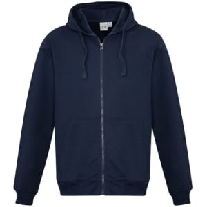 A navy blue men's crew zip hoodie with a hood and front pockets, featuring a logo on the chest.