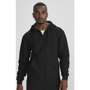 A black men's crew zip hoodie featuring a hood, front pockets, and a simple design with a logo.