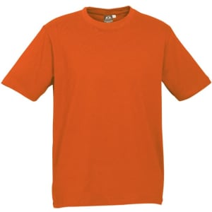 An orange short sleeve tee with a round neckline, featuring a logo on the chest area.