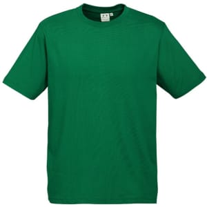 A green short sleeve tee with a simple design and a small logo on the label.