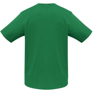A green short sleeve tee with a round neckline and a branding logo on the back.