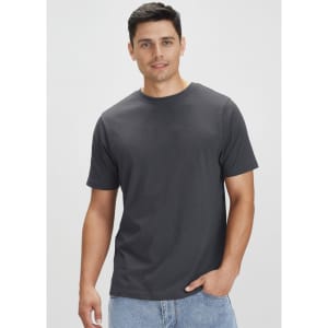 A dark grey men's short sleeve tee shirt with a relaxed fit, featuring a logo on the front.